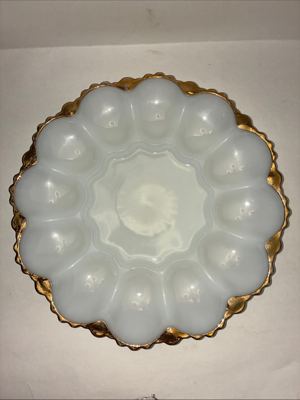 1950’s Anchor Hocking Milk Glass Deviled Egg Serving Platter with Gold Trim